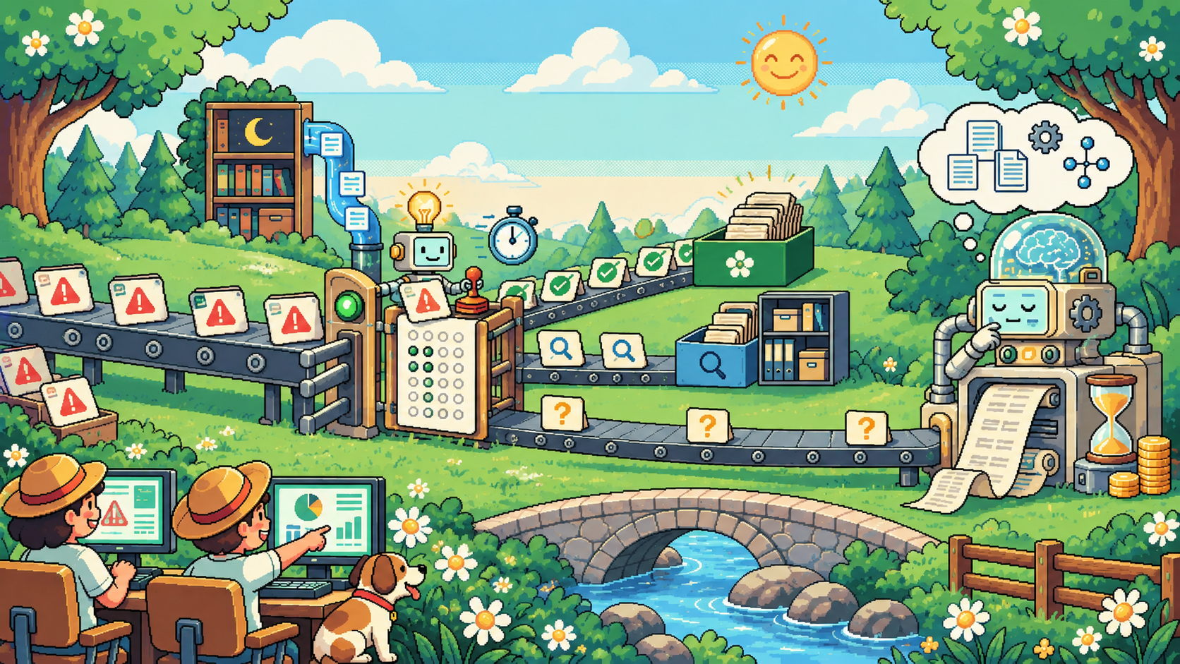 Pixel-art scene. Alerts with warning signs ride a conveyor belt up to a gate with a bubble sheet on it. Most come out the other side stamped with a check mark, a few with a magnifying glass, and the ones marked with a question mark roll on to a large, slow robot that prints a long scroll next to an hourglass and a stack of coins. Two analysts watch dashboards in the foreground.